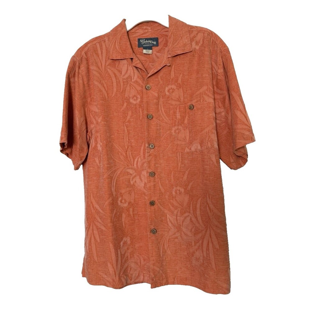 St Johns Bay Mens Washable Silk Hawaiian Shirt Small Orange Floral Button Camp